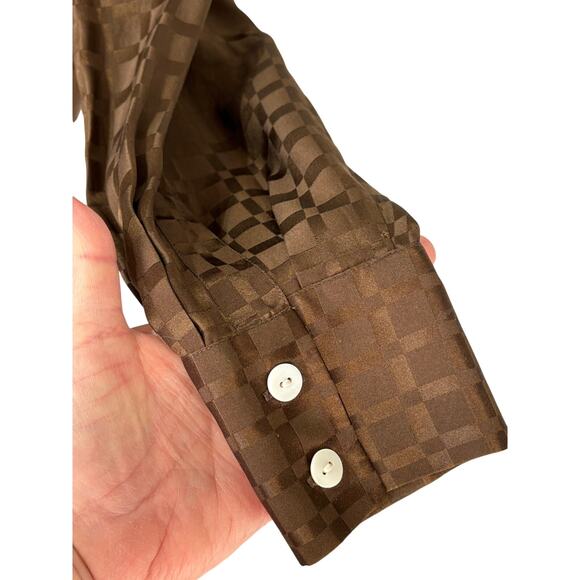 Riva Ladies Vintage Silk Brown Top Blouse Button-up Long Sleeve Career Office - Picture 2 of 6